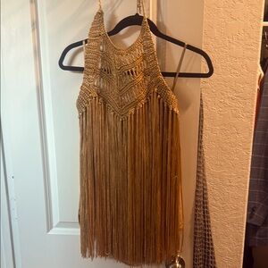 Boston Proper Tan Halter Fringe Top